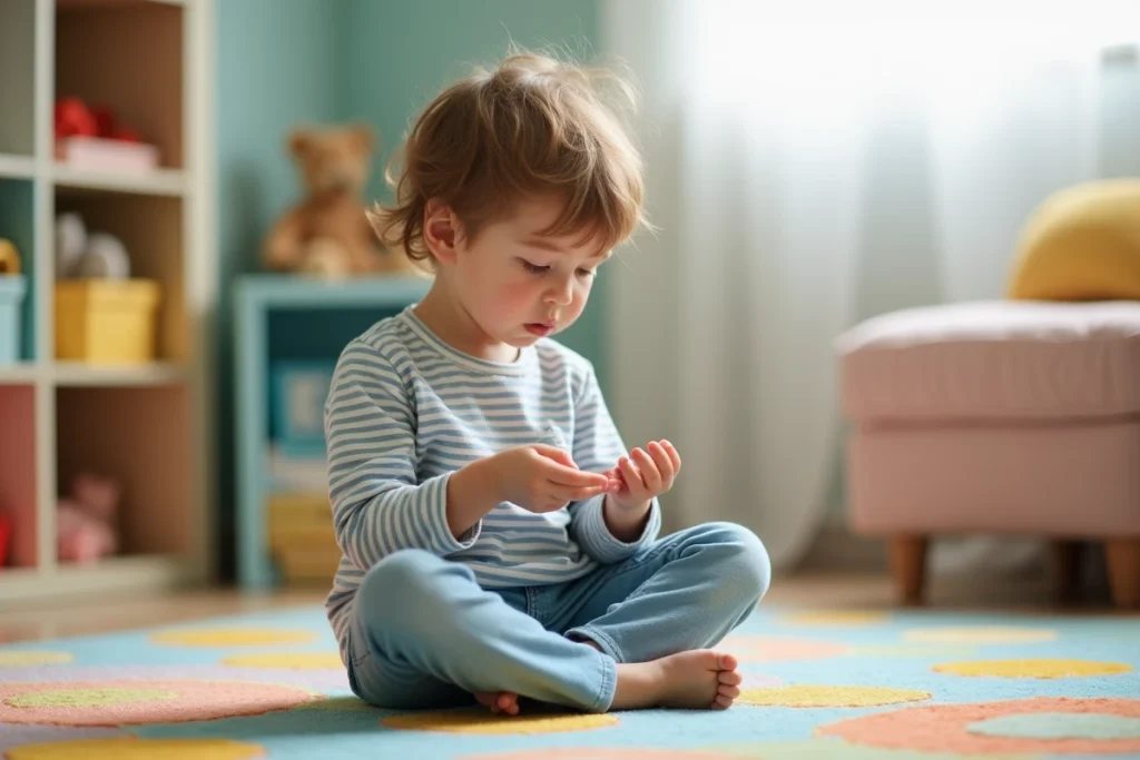 Enfant assis sur un tapis de chambre regardant ses propres ongles avec curiosité, ambiance domestique chaleureuse