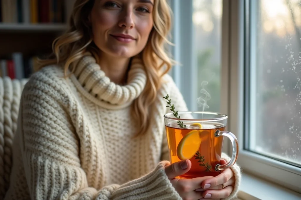 Femme tenant une tasse de tisane au thym et citron près d'une fenêtre en hiver