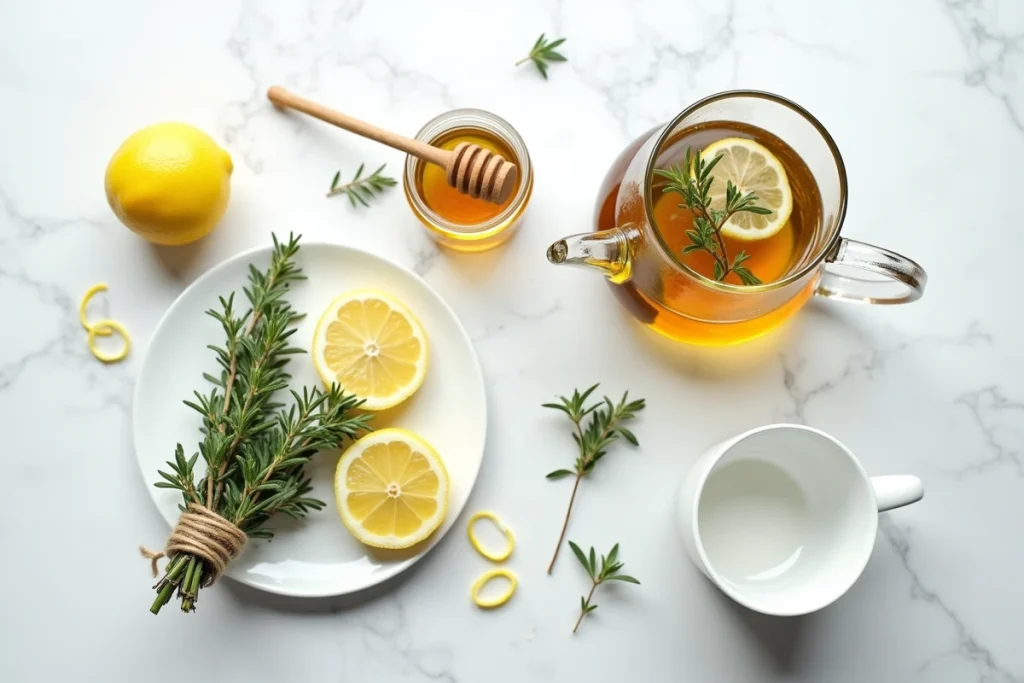 Vue de dessus d'un plateau de tisane au thym et citron avec miel et herbes fraîches sur marbre