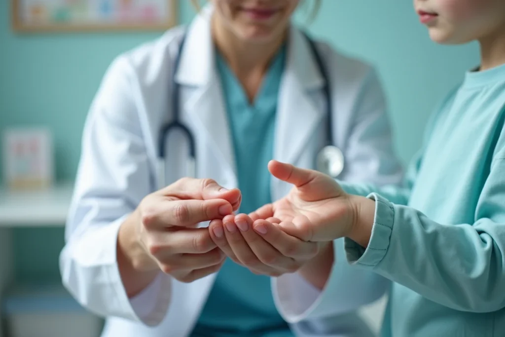 Pédiatre examinant les ongles d'un enfant lors d'une consultation médicale, mains du médecin et de l'enfant au premier plan