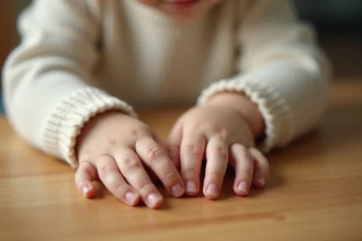 Mains d'un enfant posées sur une table en bois, montrant des taches blanches sur les ongles, pull beige en arrière-plan flou