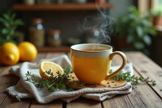 Tasse de tisane au thym et citron posée sur une table en bois rustique avec des herbes fraîches