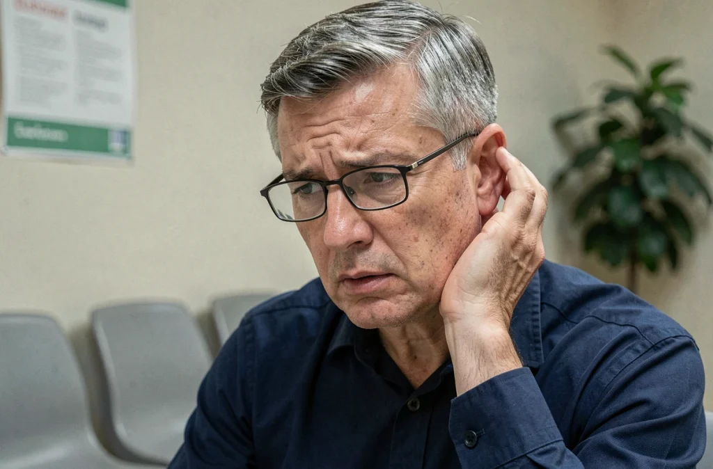 Homme d'âge mûr dans une salle d'attente médicale tenant son oreille gauche, évoquant une consultation pour acouphènes