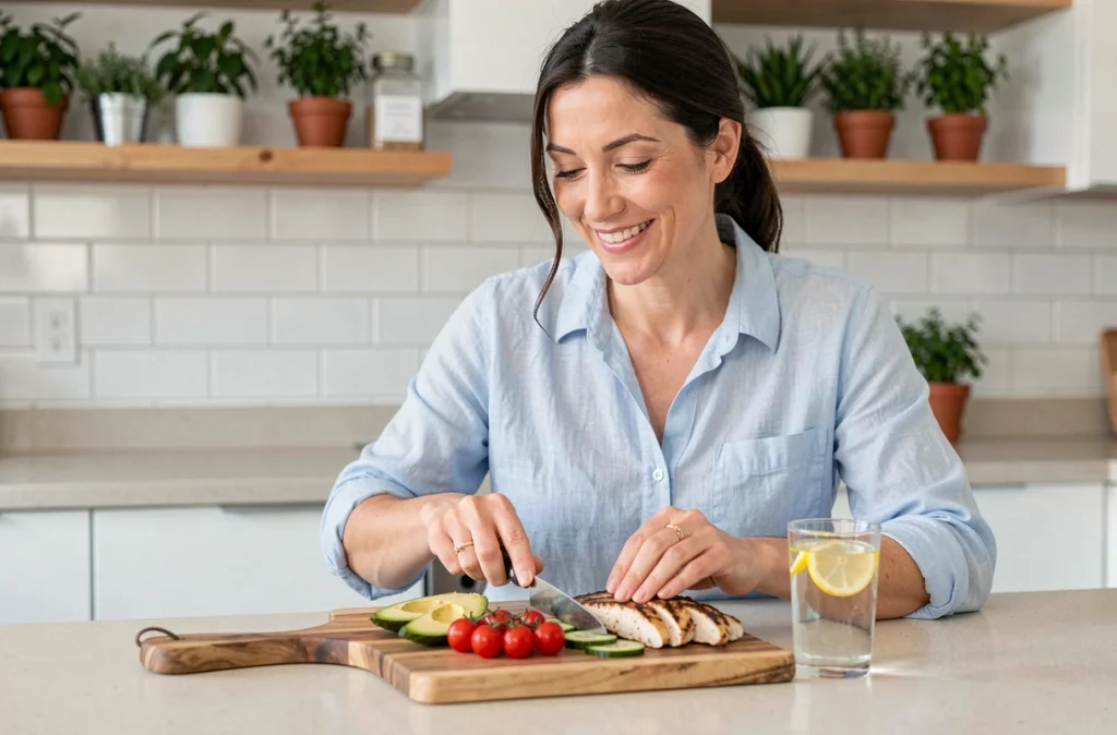Femme préparant un repas équilibré et coloré dans une cuisine moderne pour accompagner un programme minceur