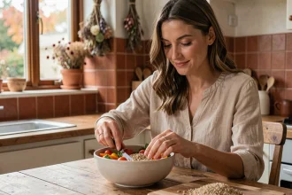 Femme préparant un bol de légumes et céréales de saison dans une cuisine rustique pour adapter son alimentation au trimestre