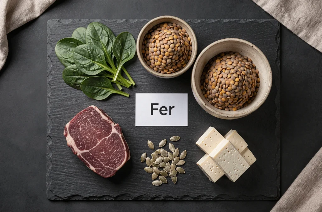 Aliments riches en fer disposés en flat lay sur une surface en ardoise, incluant viande, épinards, lentilles et graines