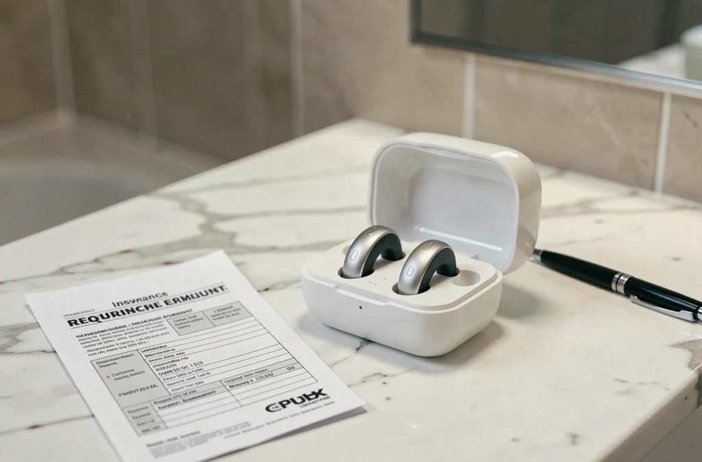 Appareils auditifs rechargeables Audika dans leur boîtier de charge posé sur un comptoir avec un formulaire de remboursement, illustrant les aides pour réduire le prix en 2026