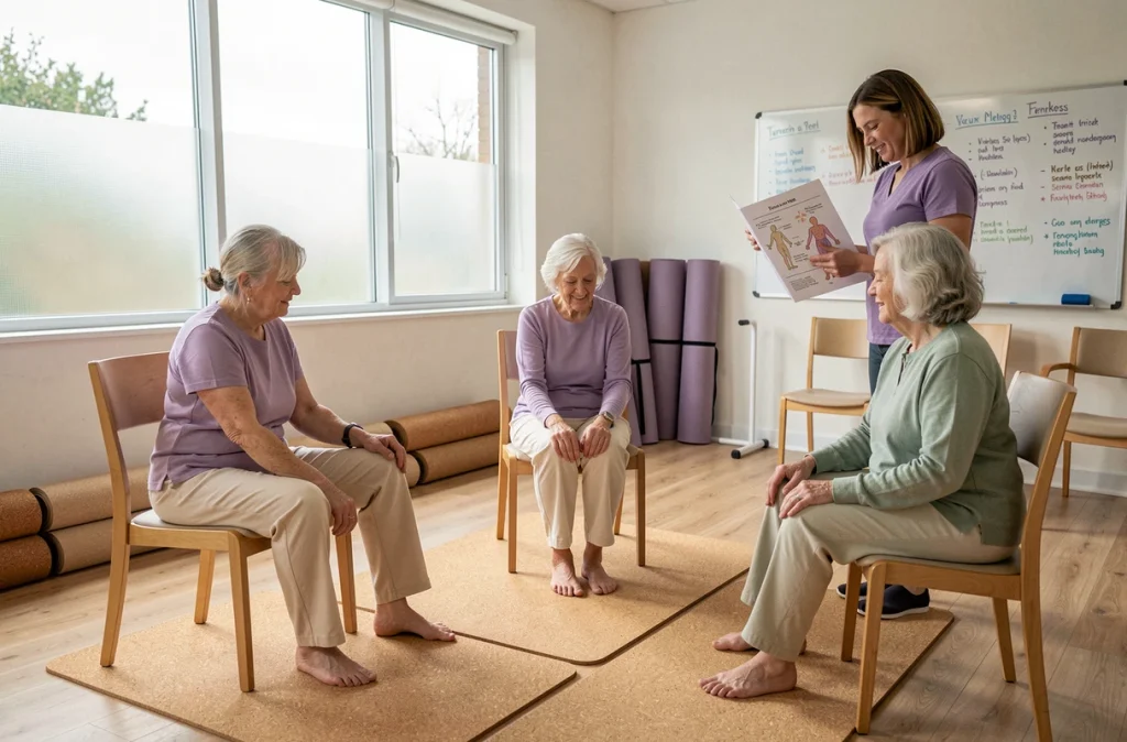 Groupe de femmes âgées pratiquant l'auto-massage en atelier collectif pour prévenir les chutes et renforcer l'équilibre