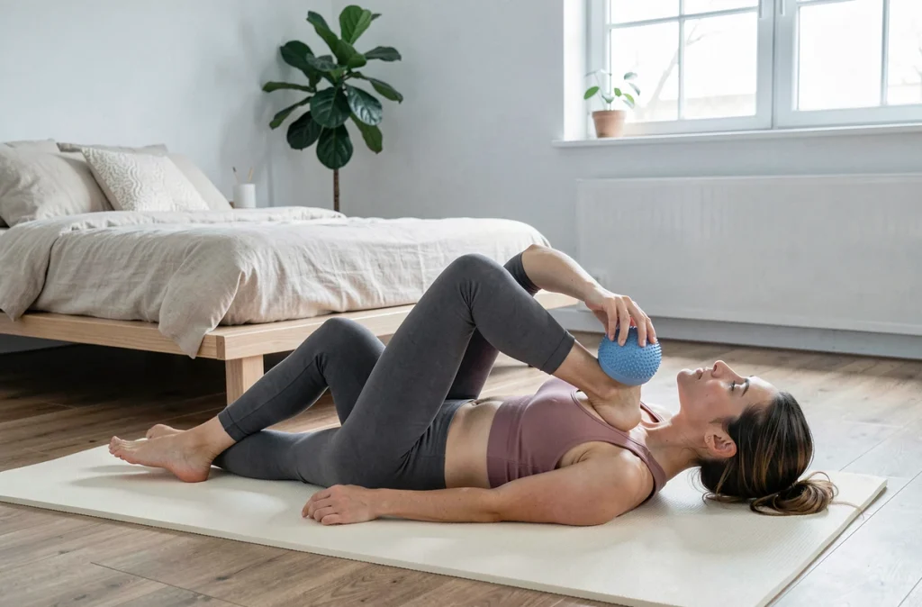 Femme allongée pratiquant un auto-massage minceur des jambes avec une ventouse en silicone dans une chambre minimaliste