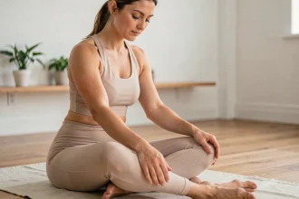 Femme pratiquant un auto-massage minceur sur les cuisses en position assise sur un tapis de yoga à la maison