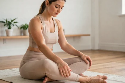 Femme pratiquant un auto-massage minceur sur les cuisses en position assise sur un tapis de yoga à la maison