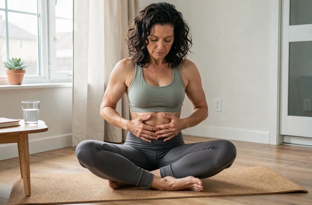Femme pratiquant un automassage abdominal à domicile sur tapis de yoga pour stimuler la digestion et minceur