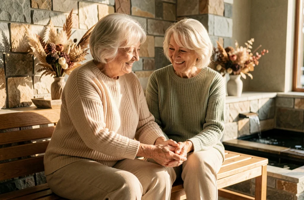 Deux femmes âgées pratiquant un automassage des mains dans un espace spa décoré de matériaux naturels
