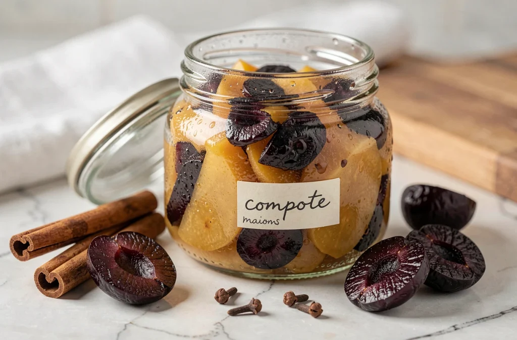 Gros plan sur un bocal de compote pruneaux-poires maison avec fruits frais sur marbre, étiquette artisanale, aide au transit intestinal