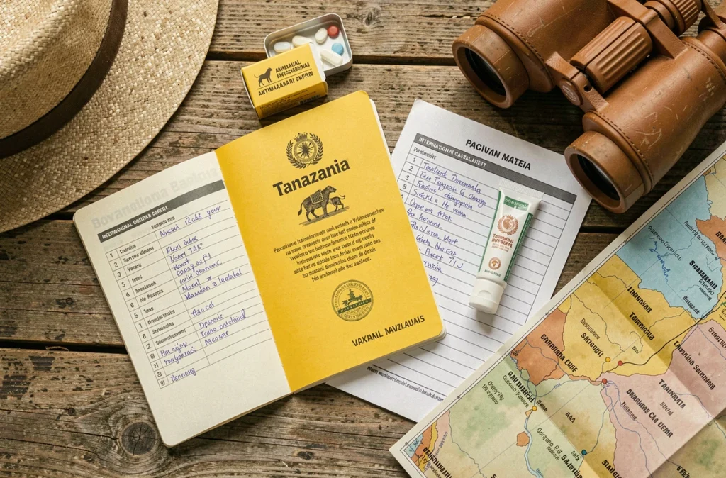 Carnet de vaccination jaune et médicaments antipaludéens pour safari en Tanzanie avec enfants