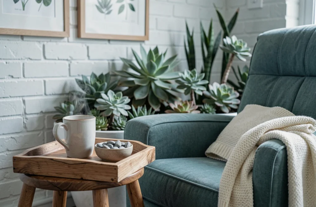 Coin détente aménagé pour seniors en centre de bien-être avec fauteuil confortable, tisane et décoration naturelle apaisante