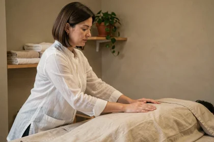 Masseuse attentive posant les mains sur le dos d'un client pour illustrer la communication non verbale en séance de massage