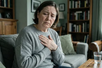 Femme fatiguée assise sur un canapé après une infection virale, tenant sa poitrine avec une expression de malaise