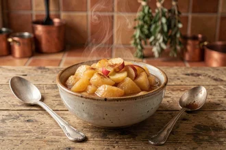 Bol de compote de pommes chaude maison sur une table en bois rustique, vapeur visible, cuillère argentée, ambiance cuisine campagnarde