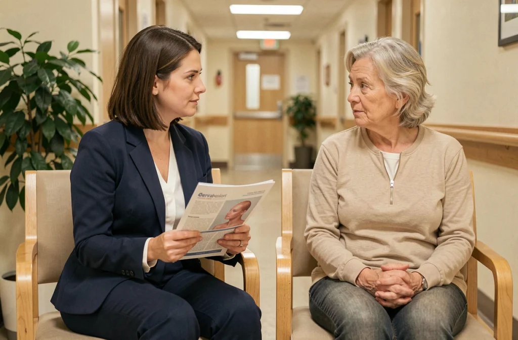 Conseillère médicale et patiente discutant du suivi d'un test HPV positif et d'une lésion cervicale de haut grade dans une salle d'attente hospitalière