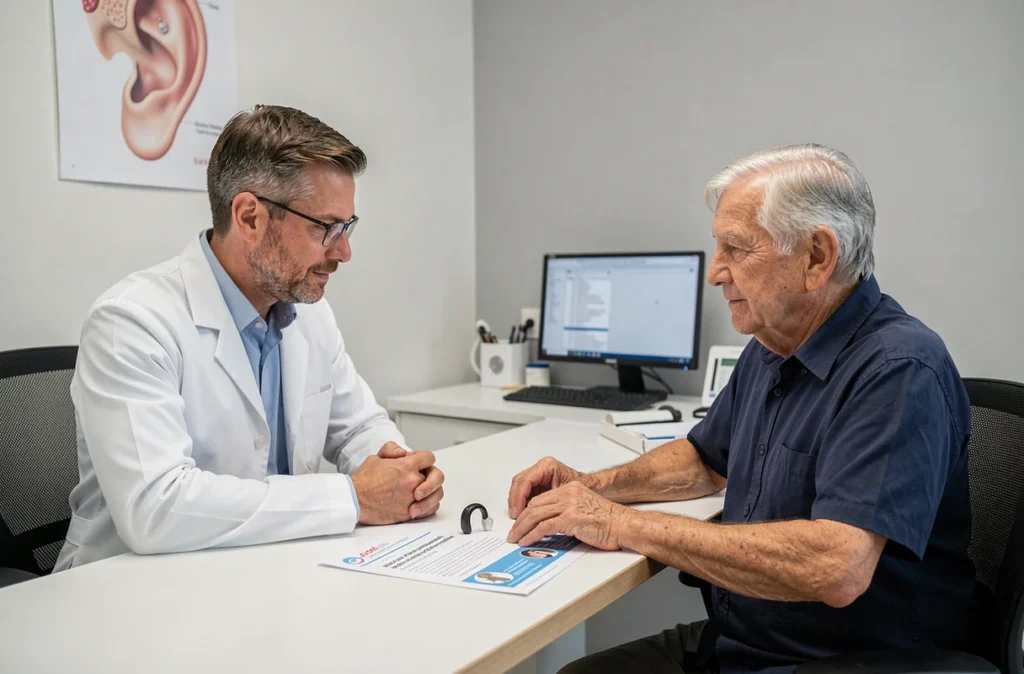Audiologiste et patient senior examinant un appareil auditif rechargeable lors d'une consultation sur les aides financières et remboursements en 2026