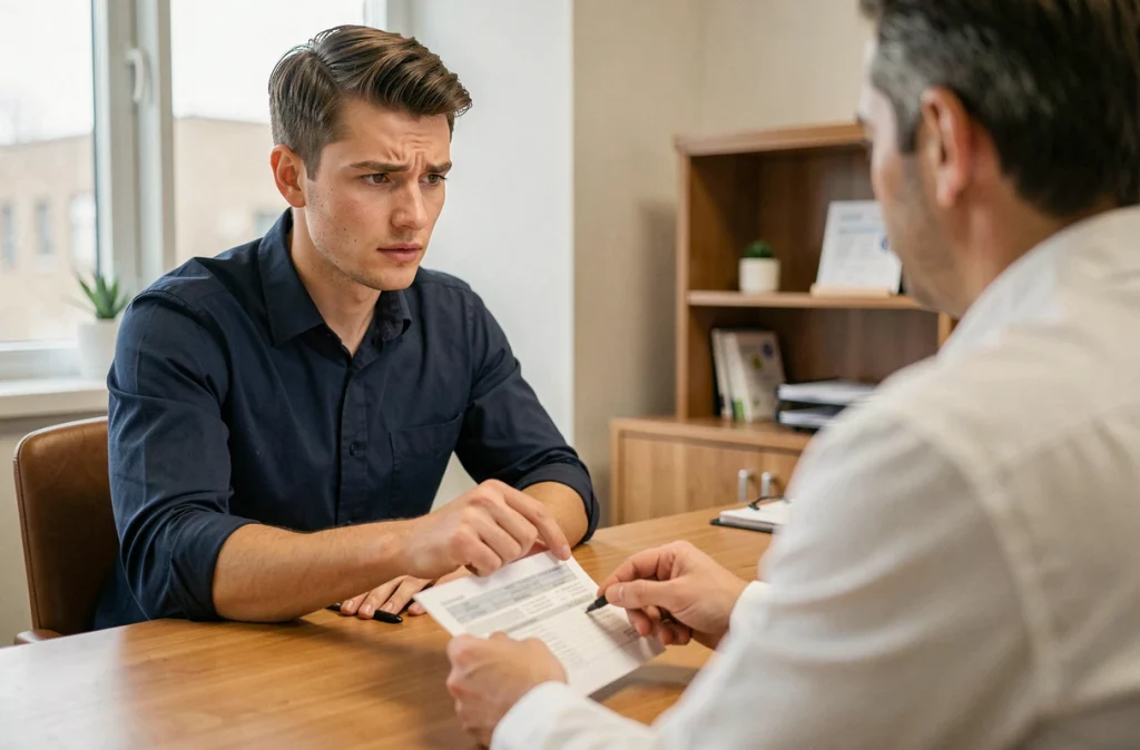 Jeune homme adulte en consultation médicale discutant de ses résultats biologiques avec un médecin, dans le cadre d'un bilan de ferritine élevée