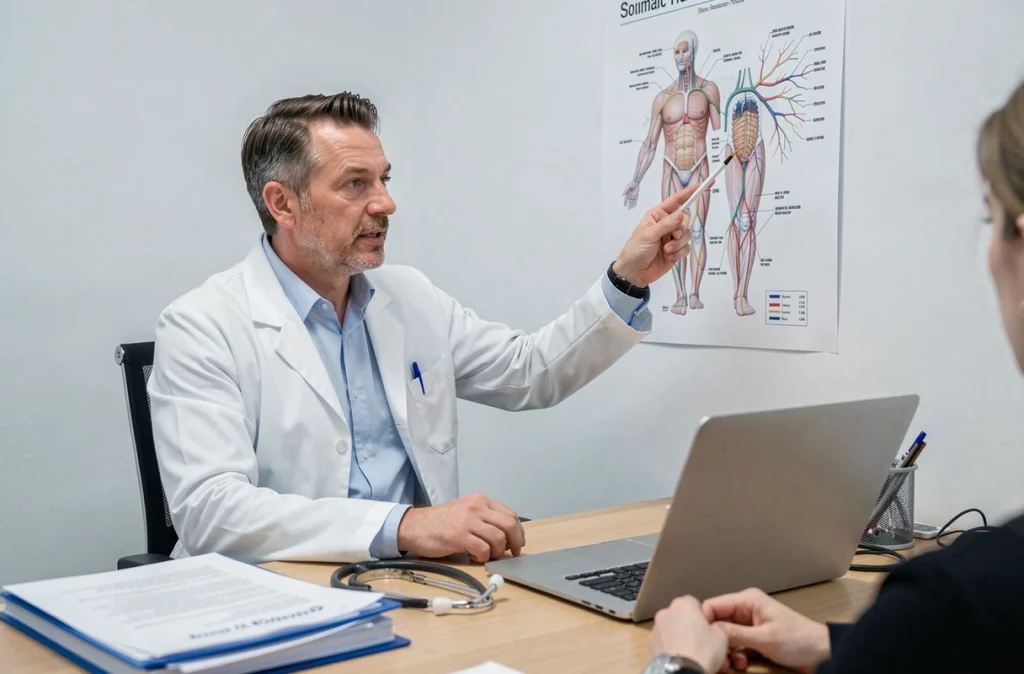 Médecin expliquant la progression neurologique de la maladie de Lyme à un patient lors d'une consultation médicale