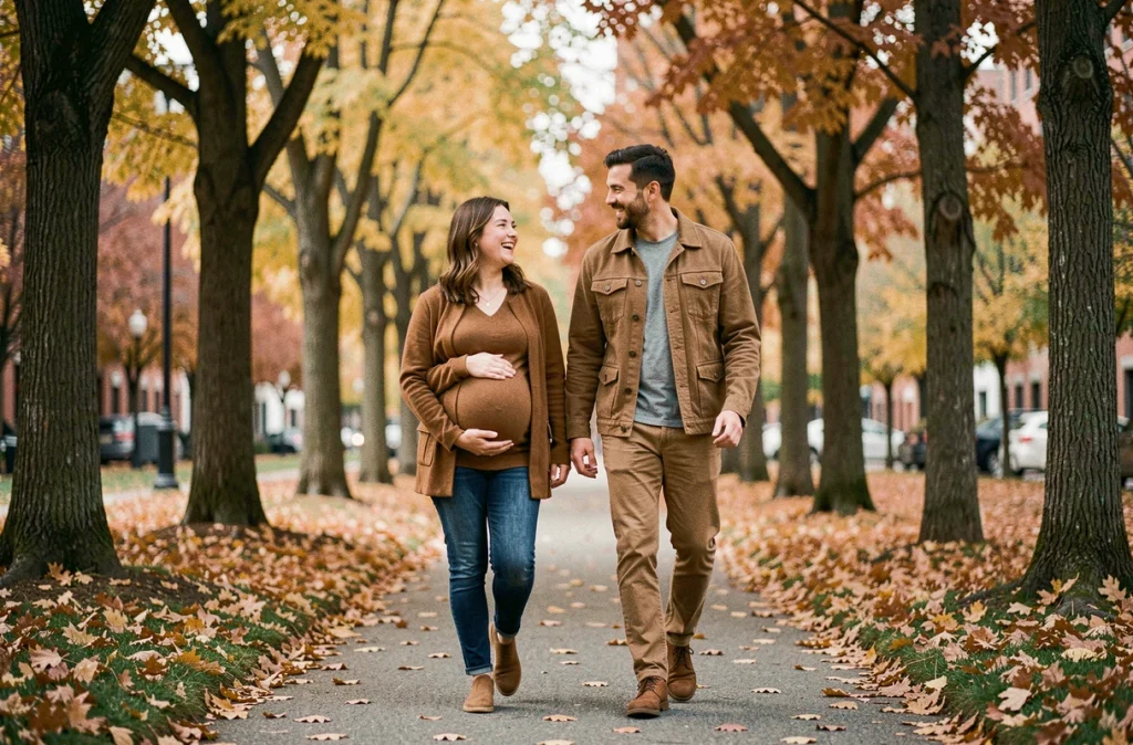 Couple attendant un enfant en promenade apaisante dans un parc en automne pour réduire le stress prénatal