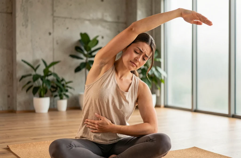 Femme en posture d'étirement yoga touchant son aisselle lors d'un exercice de correction posturale