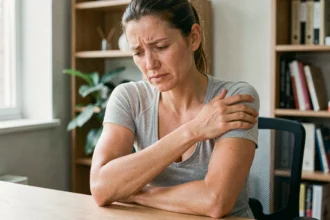 Femme assise au bureau tenant son aisselle douloureuse en raison d'une mauvaise posture