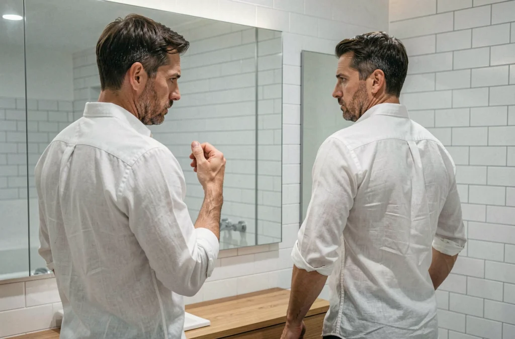 Homme debout devant un miroir inspectant sa posture et la zone sous son aisselle