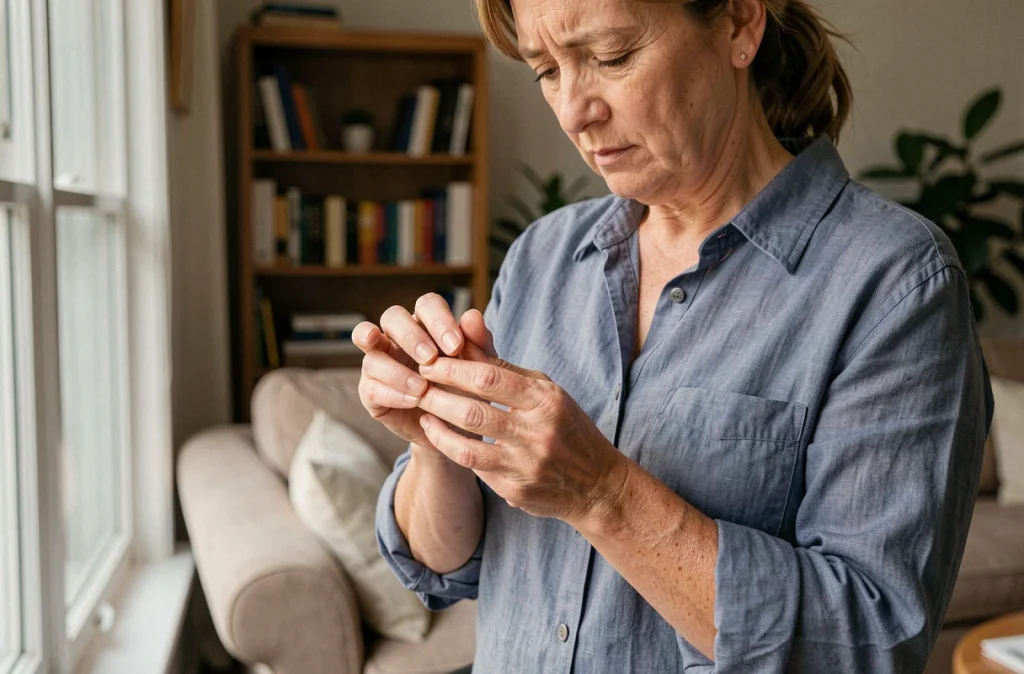 Femme d'âge mûr massant ses articulations douloureuses près d'une fenêtre, illustrant les douleurs articulaires comme signe précoce de maladie auto-immune