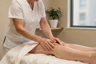 Thérapeute pratiquant le drainage lymphatique manuel sur la jambe d'une patiente en cabinet de soin pour réduire la rétention d'eau