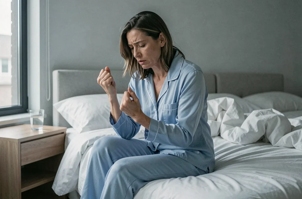 Femme assise au bord du lit le matin examinant sa main gauche engourdie après le réveil