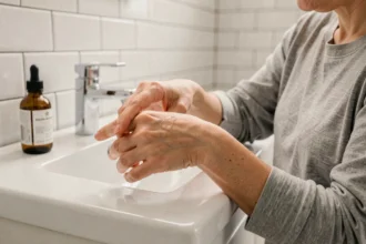 Femme aux doigts sensibles retirant doucement de la colle forte au-dessus d'un lavabo en céramique blanche dans une salle de bain
