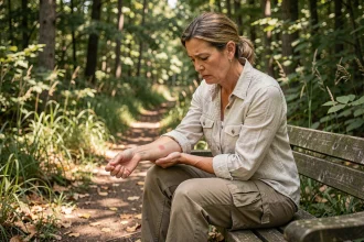 Femme d'âge moyen examinant une éruption cutanée caractéristique de la maladie de Lyme sur son avant-bras dans un sentier forestier