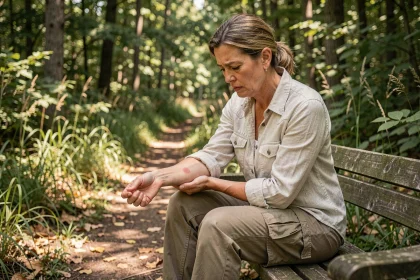 Femme d'âge moyen examinant une éruption cutanée caractéristique de la maladie de Lyme sur son avant-bras dans un sentier forestier