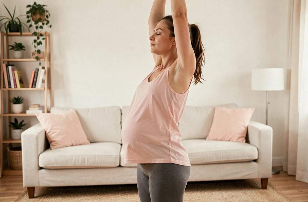 Femme enceinte faisant des étirements doux à la maison dans son salon