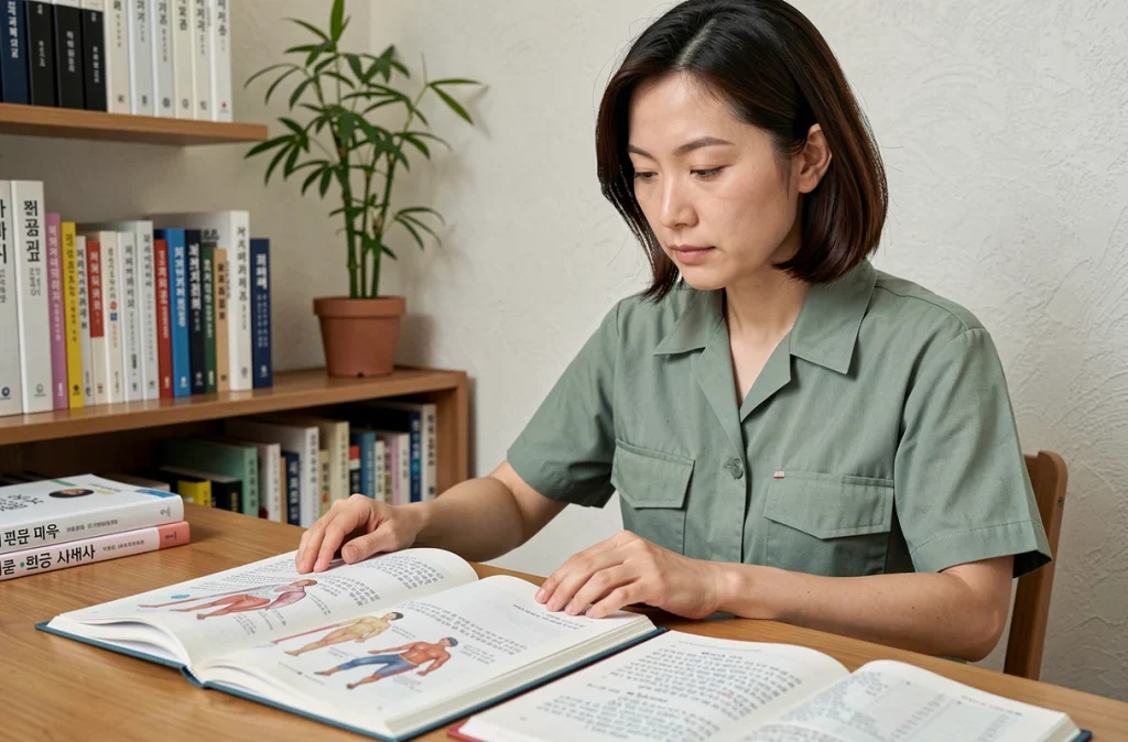 Professionnelle européenne du bien-être étudiant des manuels de relaxation coréenne à son bureau avec des notes en français et des schémas anatomiques