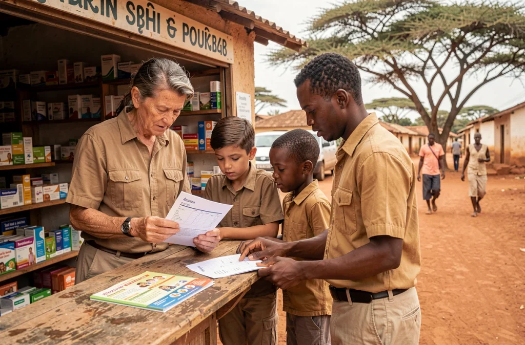 Famille consultant un carnet de vaccination dans une pharmacie en Tanzanie avant safari