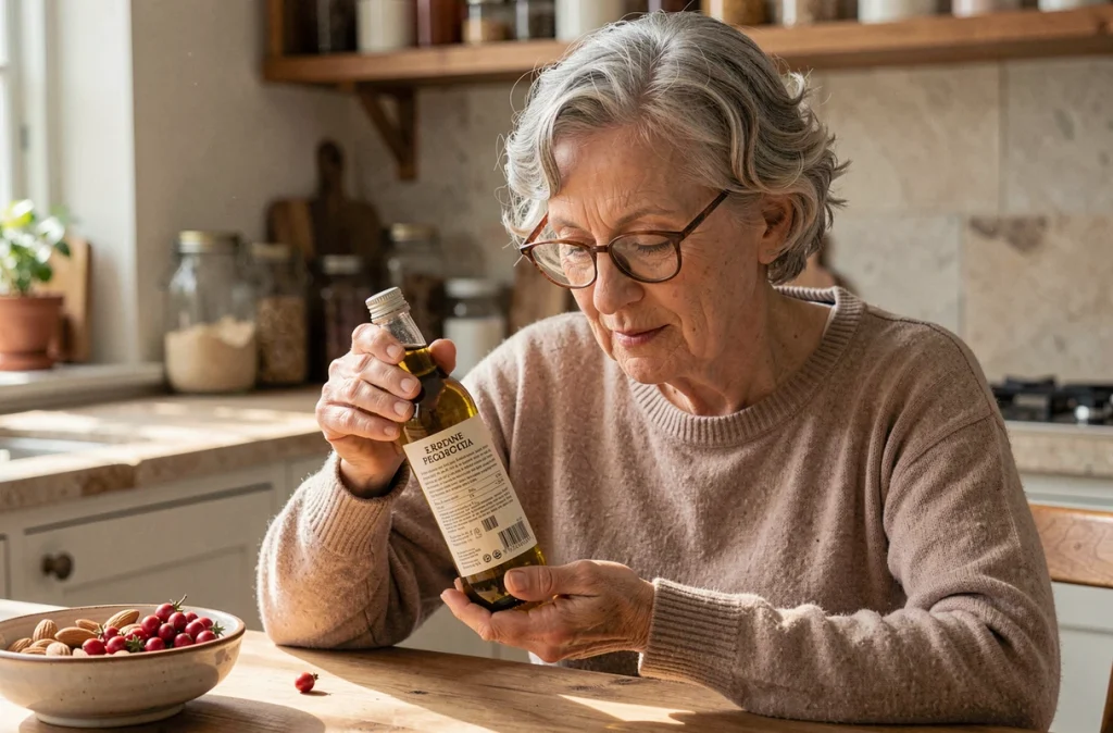 Femme âgée aux cheveux gris courts lisant l'étiquette d'un flacon d'huile végétale dans une cuisine naturelle lumineuse