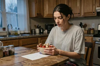 Femme en pyjama le soir tenant un bol d'aliments thermogéniques comme le piment et le gingembre dans une cuisine chaleureuse