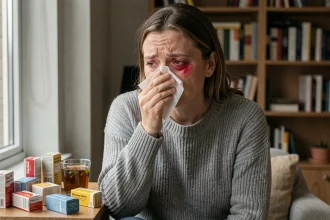 Femme souffrant d'allergies saisonnières chroniques assise près d'une fenêtre avec des médicaments antiallergiques sur la table