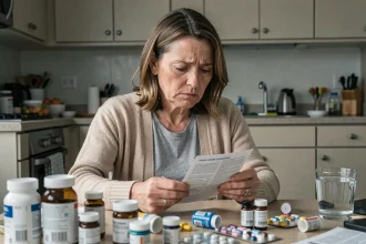 Femme d'âge moyen inquiète entourée de médicaments sans ordonnance sur une table de cuisine, illustrant les risques de l'automédication