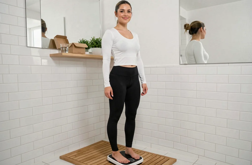 Femme souriante sur une balance dans une salle de bain épurée avec une boîte de régime en arrière-plan