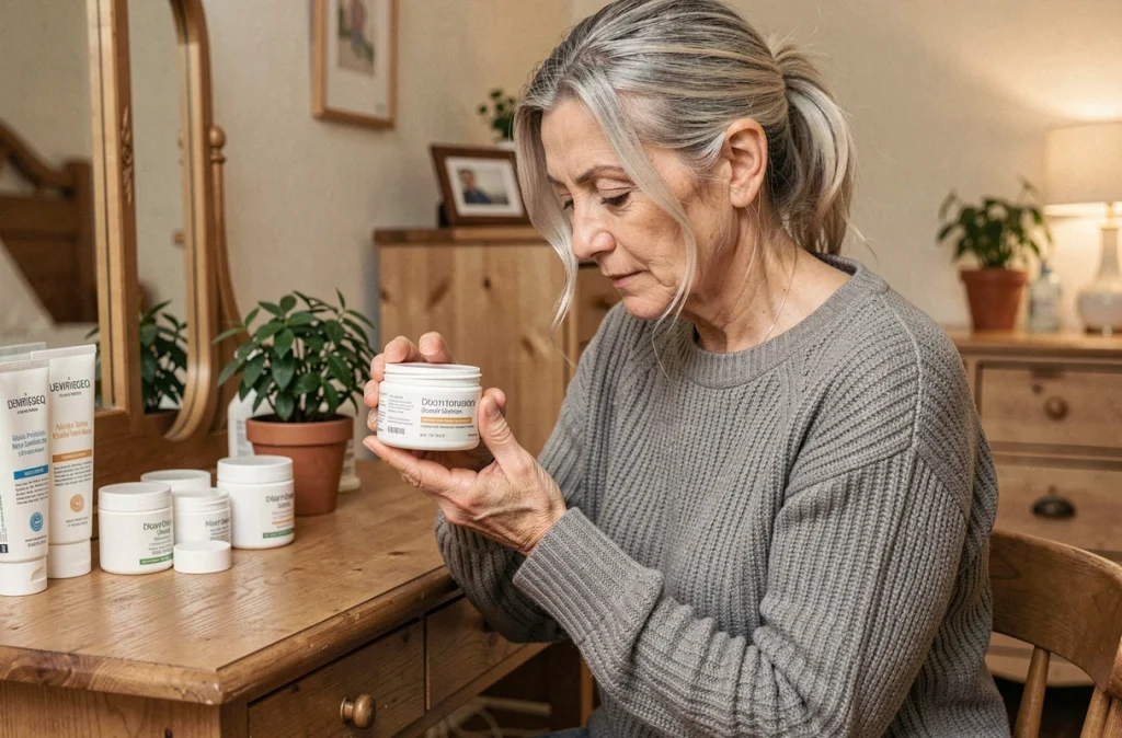 Femme d'une cinquantaine d'années lisant l'étiquette d'une crème hydratante à sa coiffeuse, illustrant le choix de soins adaptés aux variations hormonales