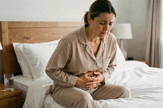 Femme adulte assise sur son lit tenant son bas-ventre en raison de douleurs liées à une infection urinaire