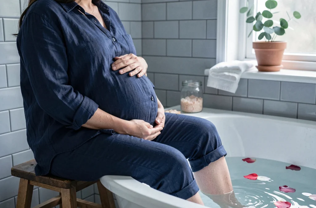 Femme enceinte les pieds dans un bain relaxant pour soulager les jambes lourdes