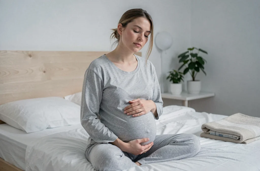 Femme enceinte fatiguée assise au bord du lit en pyjama de maternité, les mains sur le ventre