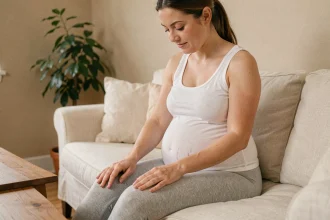 Femme enceinte massant ses jambes lourdes assise sur un canapé en lin crème